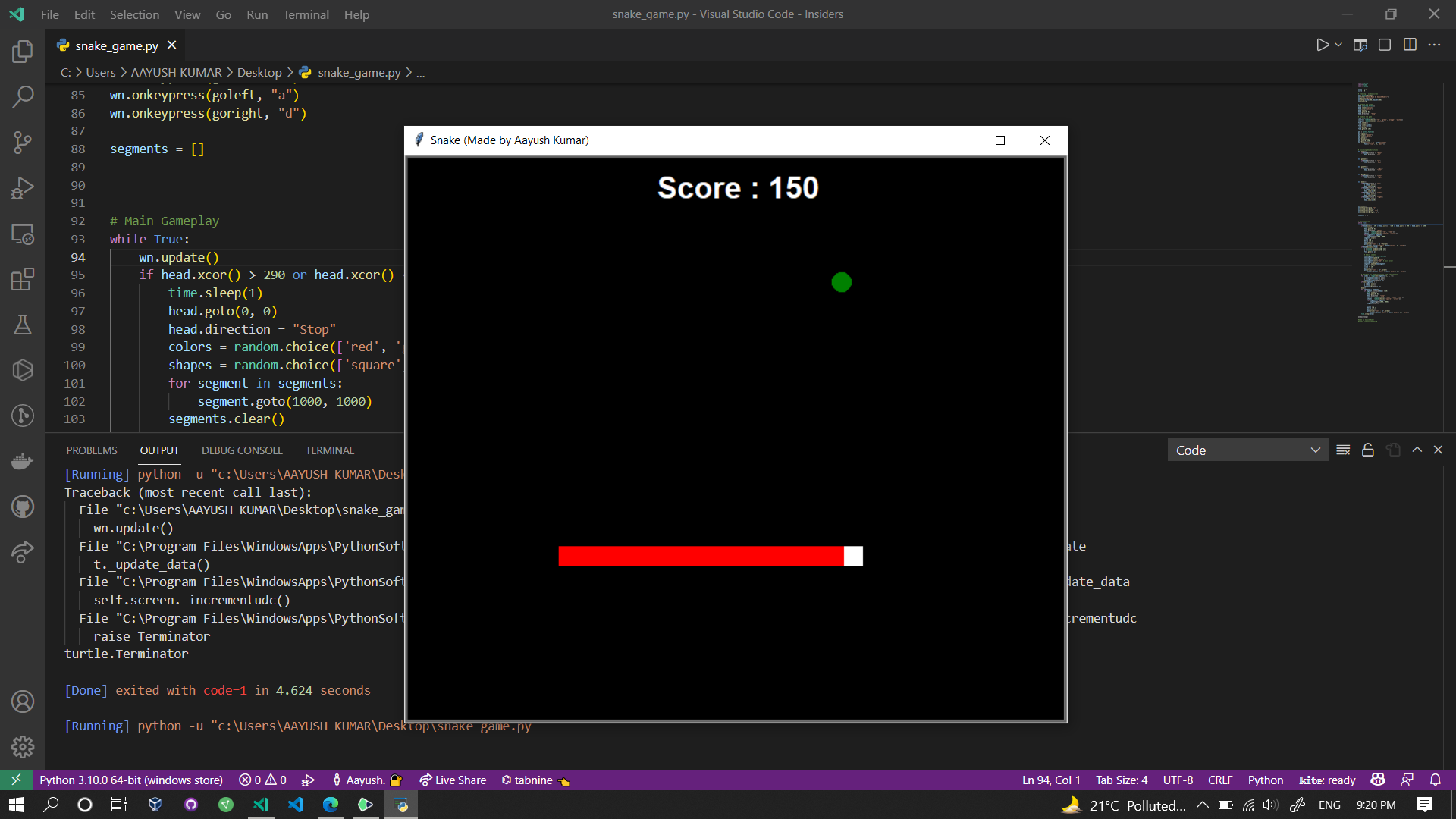 GitHub - aayushkumar20/snake_game_using_turtle: I have created a basic ...