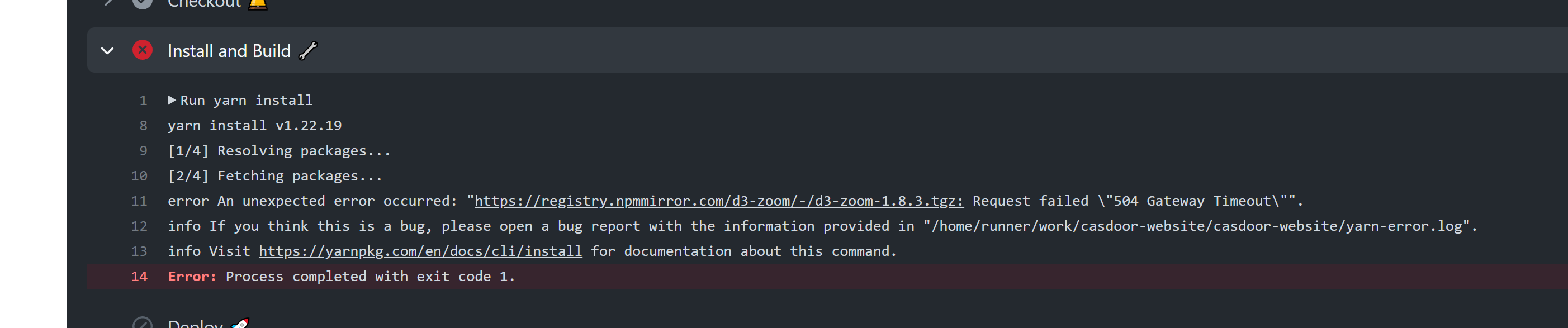 CI error: An unexpected error occurred: "https://registry.npmmirror.com ...