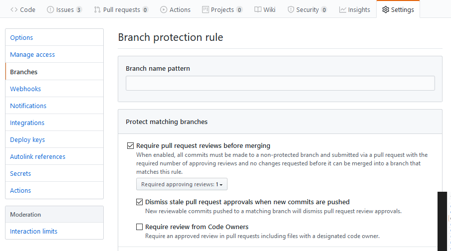 Enabling "Dismiss stale pull request approvals when new commits are ...