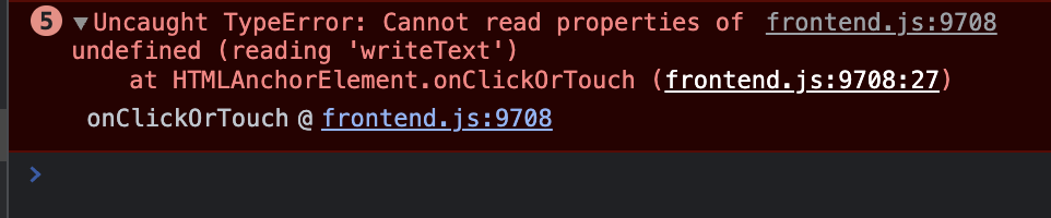 Copy button on direct links screen not working with console error ...
