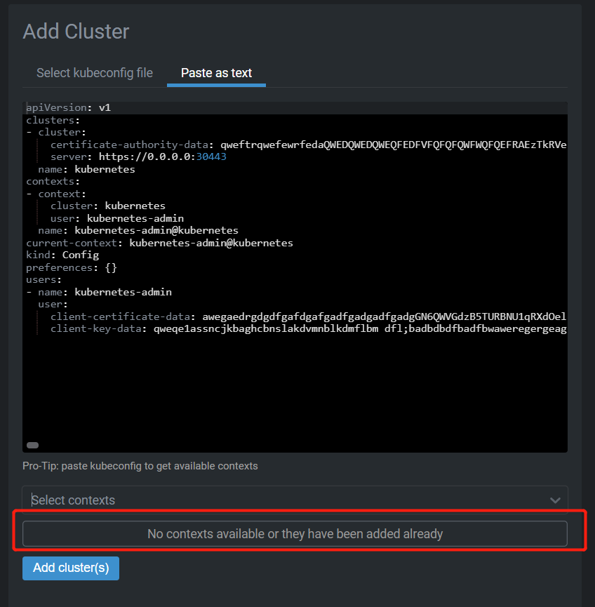 Paste kube config but no contexts colud select · Issue 952 · lensapp