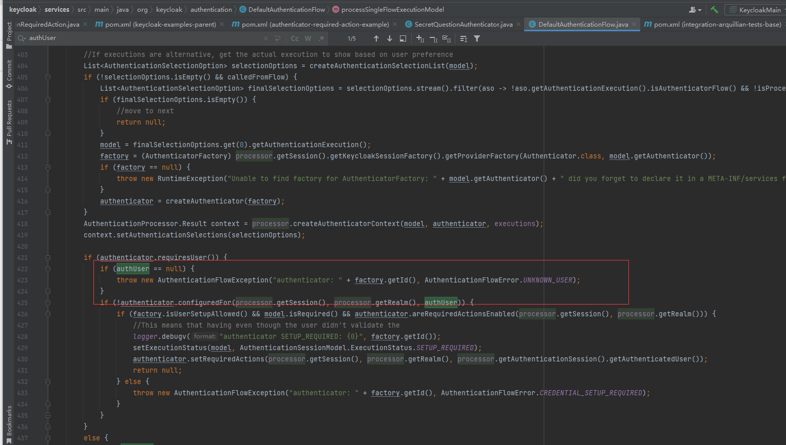 How should the SecretQuestion example configure the authentication flow