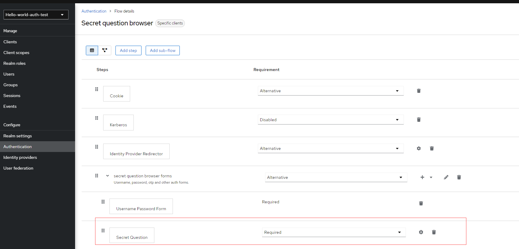 How should the SecretQuestion example configure the authentication flow