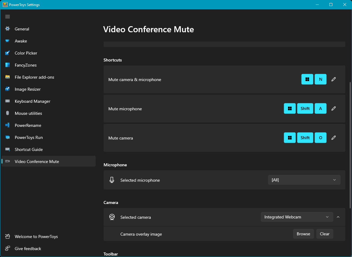 Cairo toggles PowerToys Video Conference Mute when clicking the Action