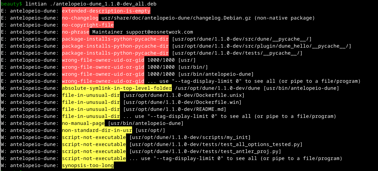 Lintian reports warnings and errors? · Issue 166 · AntelopeIO/DUNES