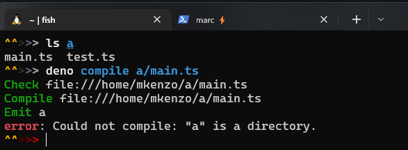 Unclear error message when ouput path is a directory with `deno compile ...