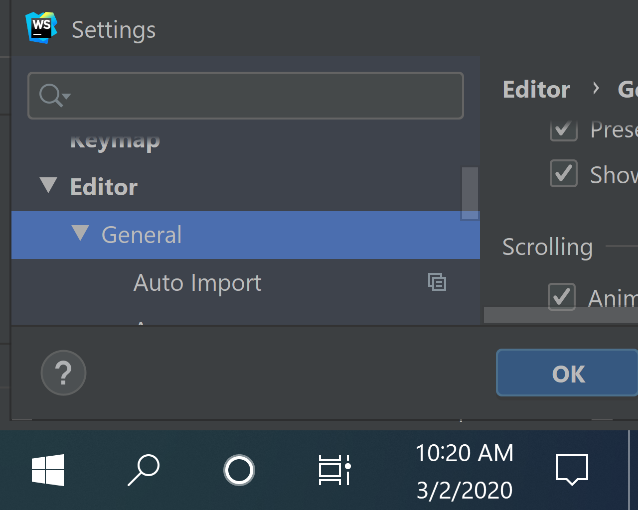 The WebStorm settings pane, mostly taken up by a treeview, with a tiny amount of width left for settings