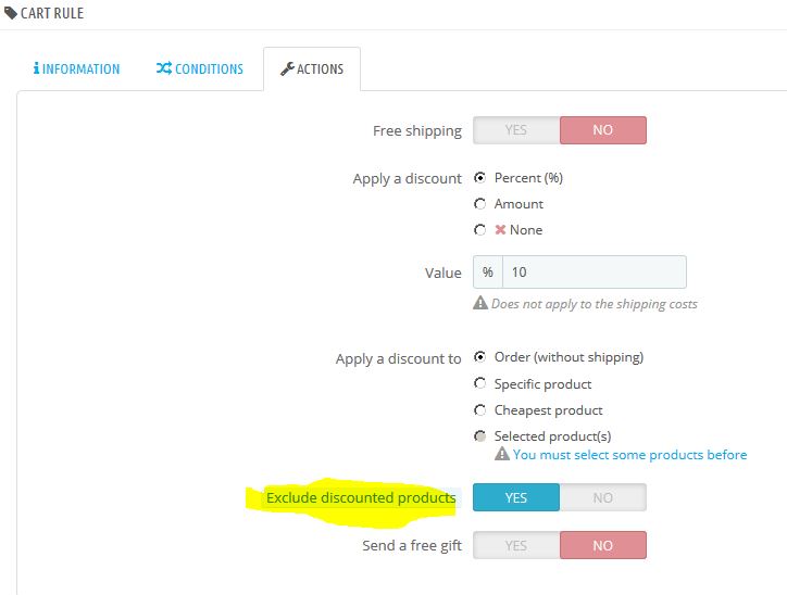 PS 1.7.4.2 ignore discount setting: Exclude discounted products: YES ...