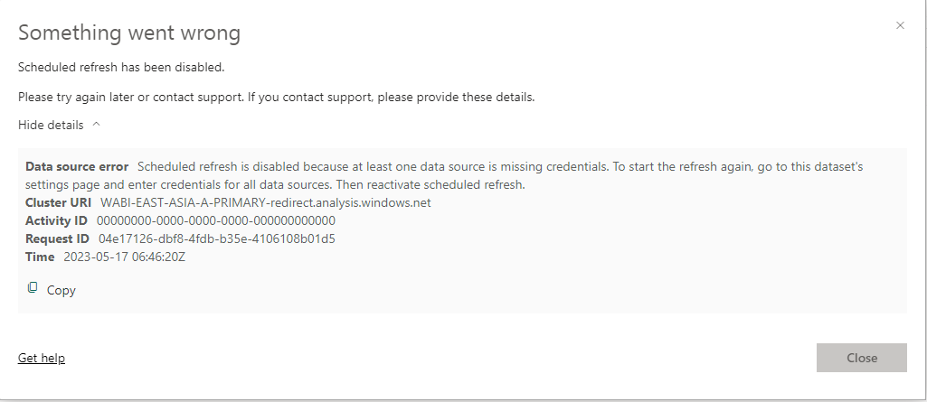 Update SQL credential succeed but refresh with error data source is ...