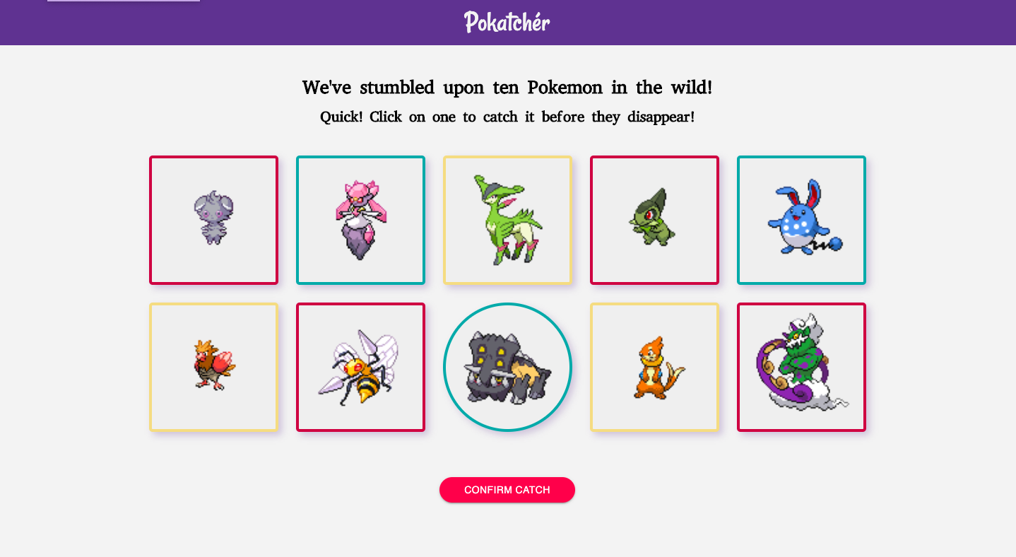 Catch Page Catch Page - Displays 10 random Pokemon with one selected