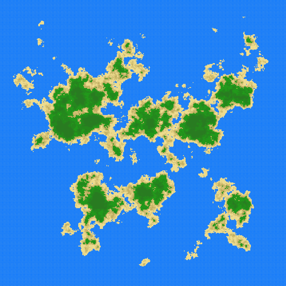 An abstract, pixelated, top-down view of an island