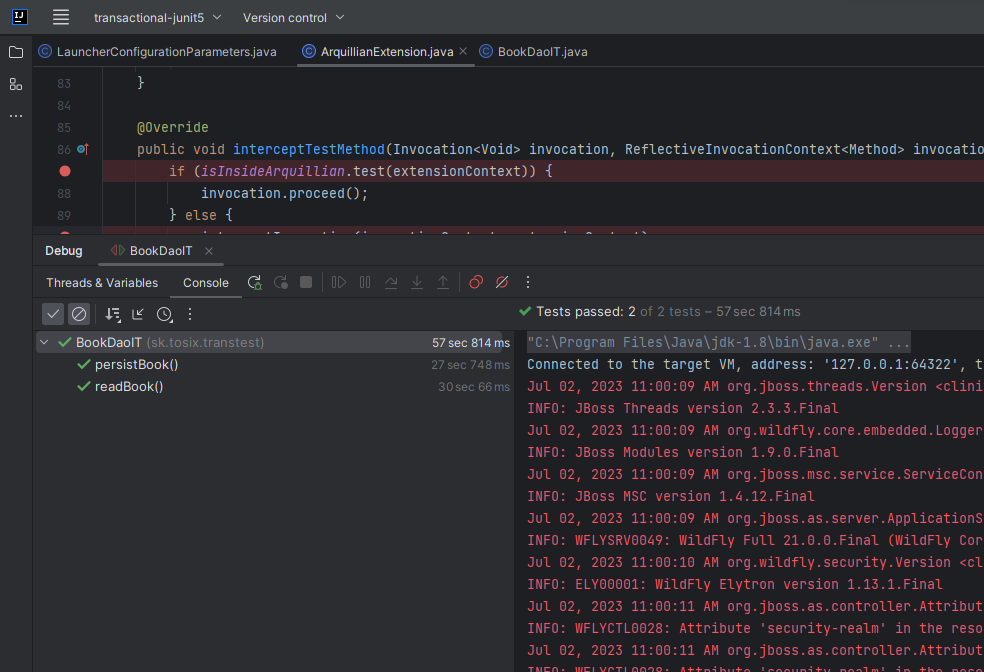 JUnit5 container does not work well with Arquillian transaction