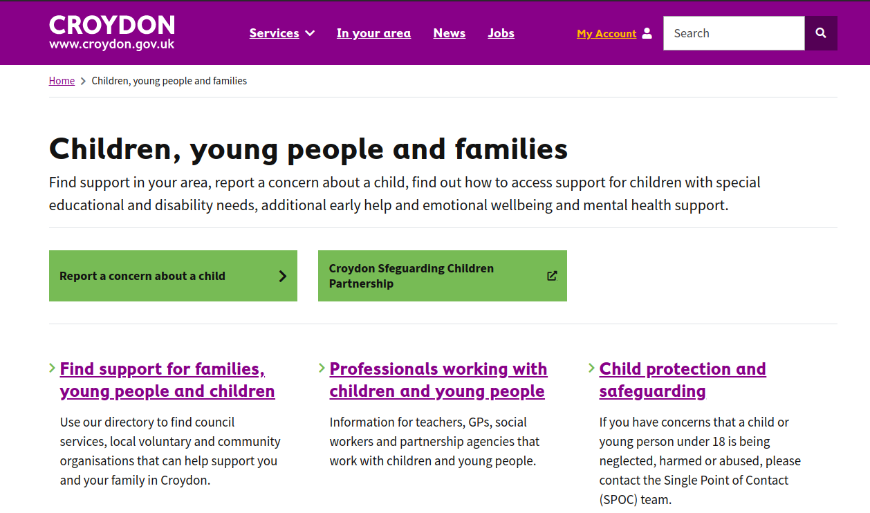 iScreenshot of Croydon's Children, young people and families Service Landing Page (full description below)