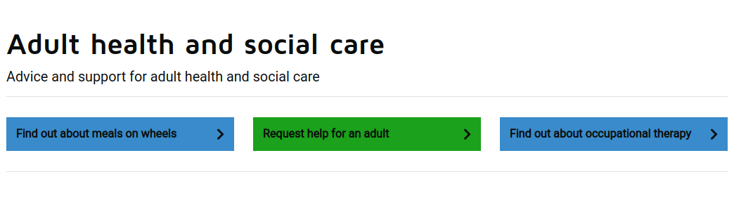 Screenshot of the LGD demo site "Adult and social care" Service Landing Page, showing three common task links - 2 blue information links and 1 green action link