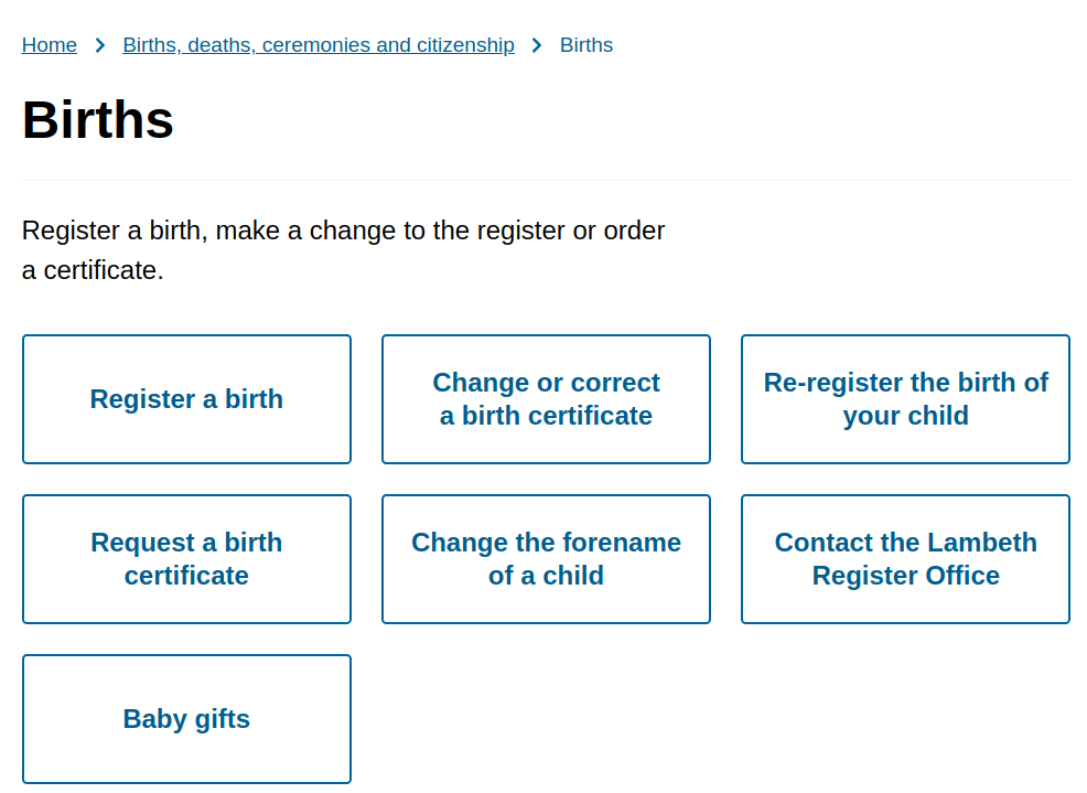 Screenshot of Lambeth Councils Births Service Sub-landing Page - description below