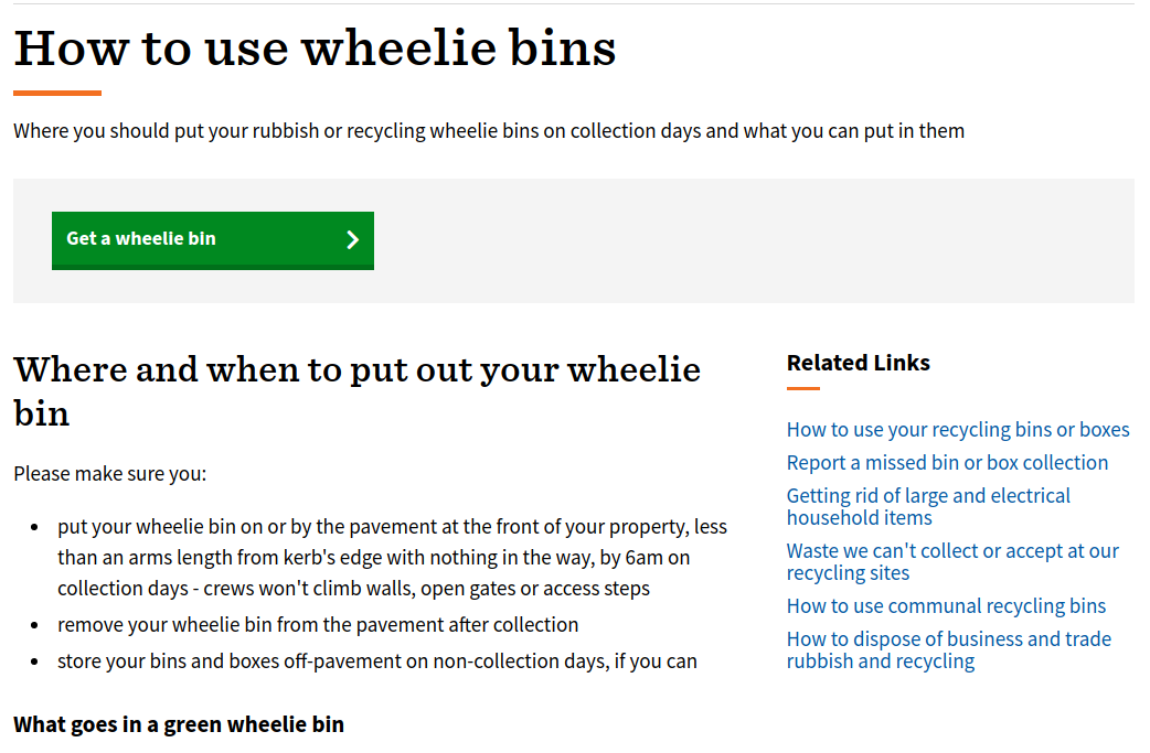 Brighton and Hove's How to use a wheelie bin Service Page, description below 