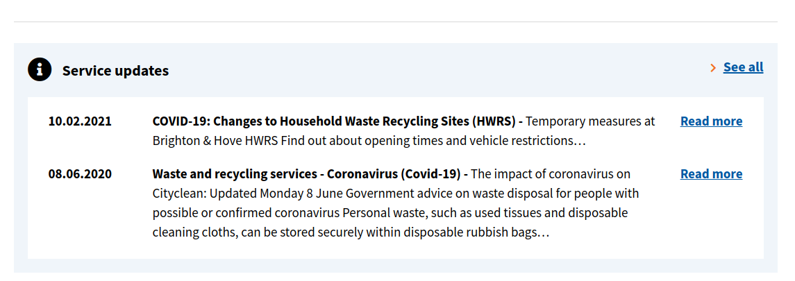 Screenshot of Brighton's Rubbish & Waste Service Landing Page, with 2 status shown below a title Service updates