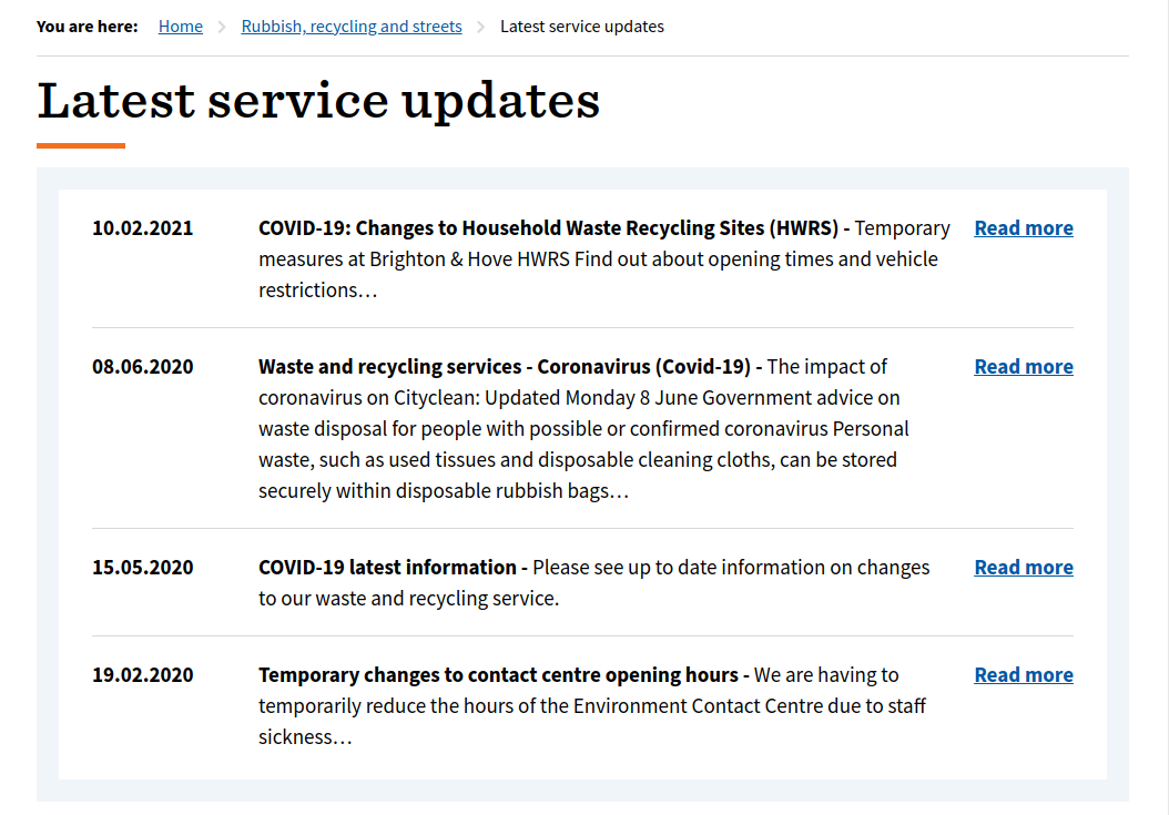 Screenshot of Brighton's Rubbish & Waste Service Status updates, showing 4 updates with the most recent first