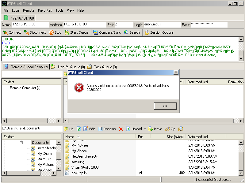 exploit/windows/ftp/ftpshell_cli_bof. Sometimes successful, sometimes ...