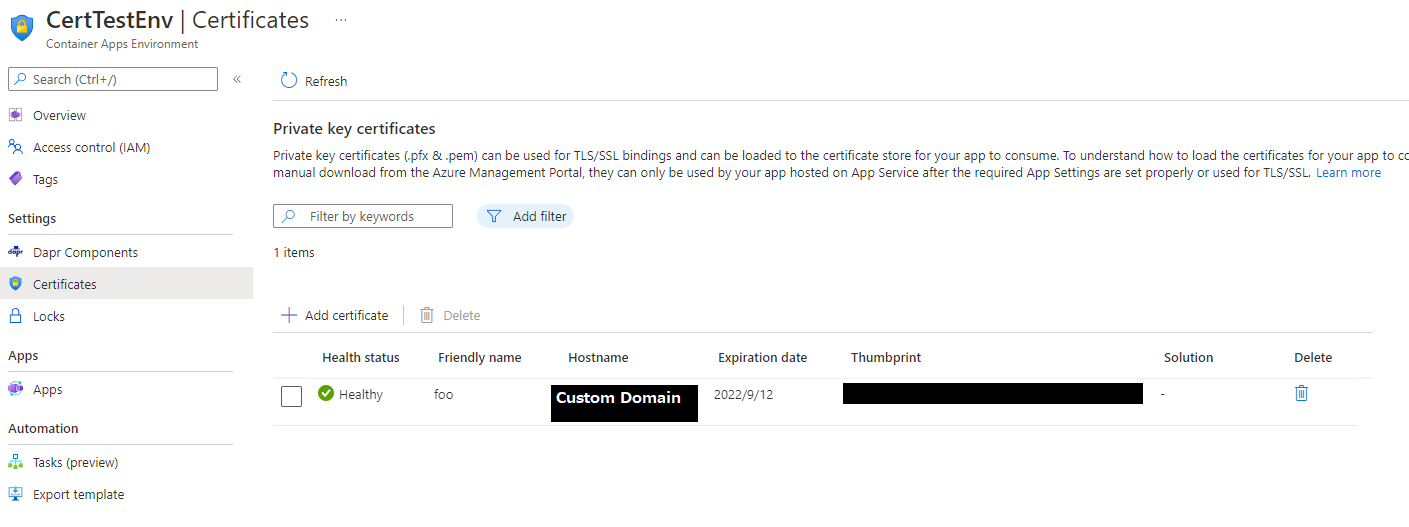 Custom domain certificates indicate `unable to get local issuer