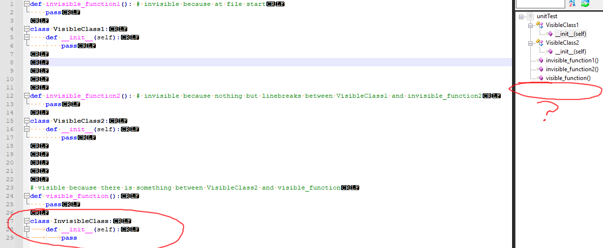 Python class defined up to EOF does not display in Function List