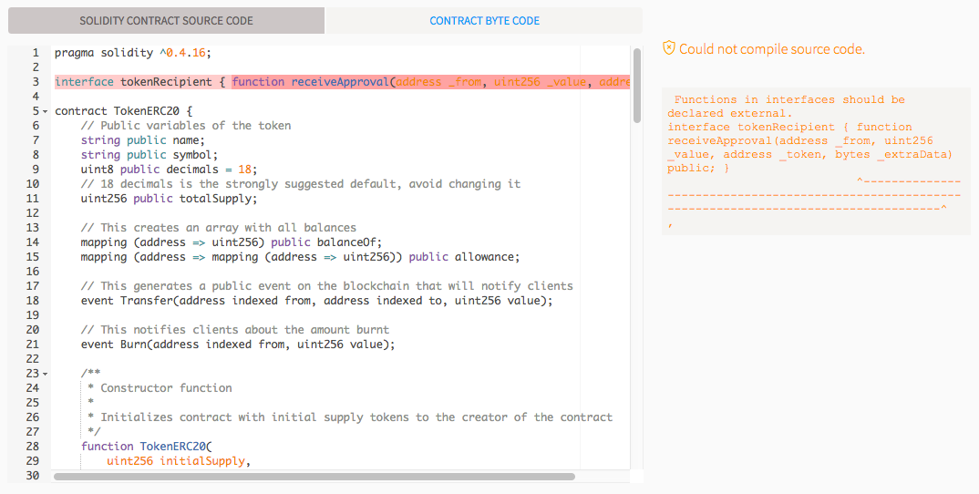 Demo contract for creating a coin gives error: Functions in interfaces ...