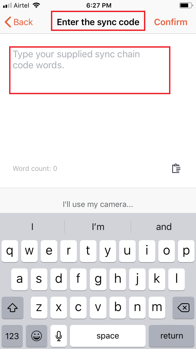 enter sync code word screen