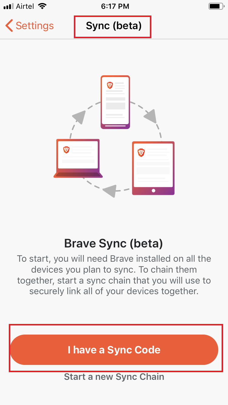 brave sync setup screen