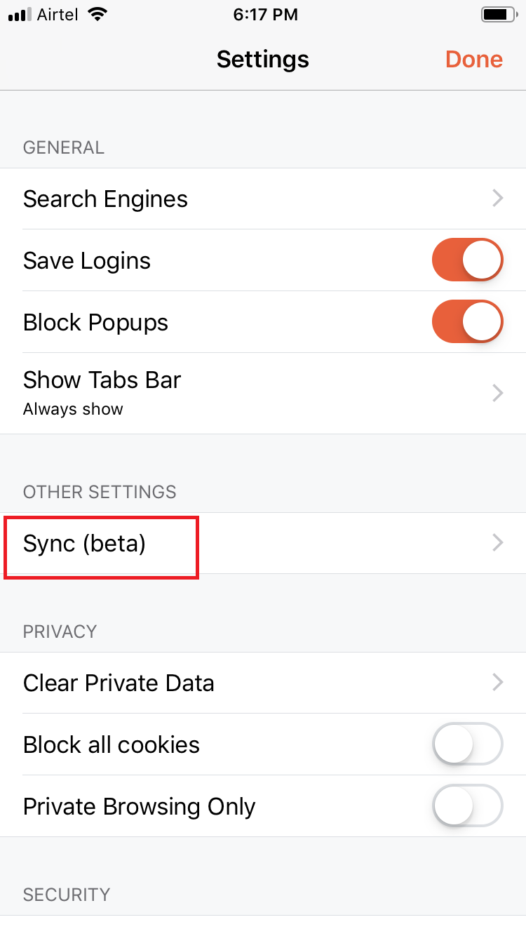 Settings page