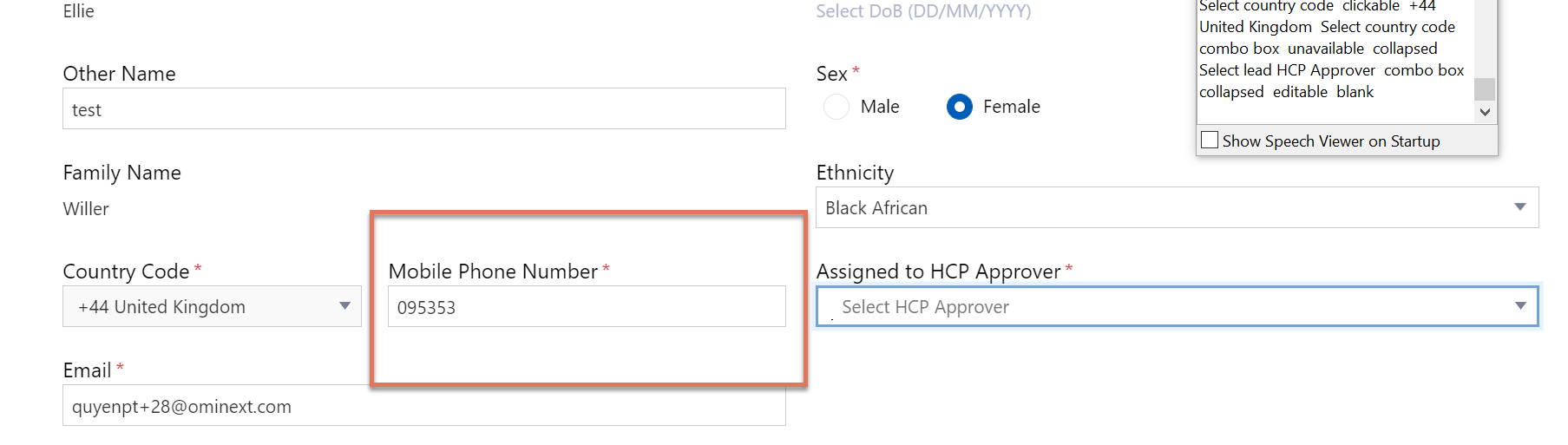 Mobile phone number form field highlighted on the Patient settings page
