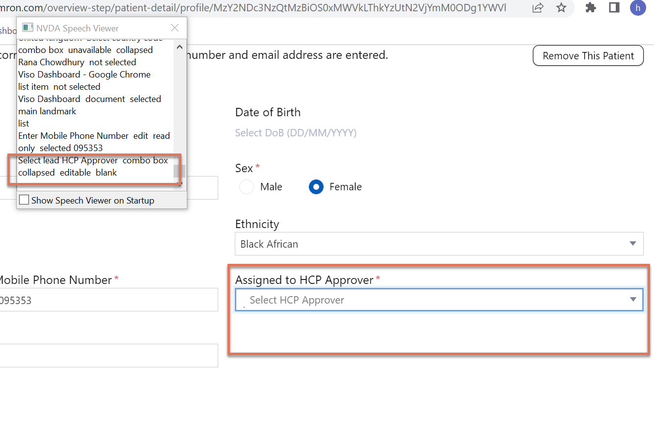 Select HCP Approver dropdown highlighted on the Profile Patient Settings page