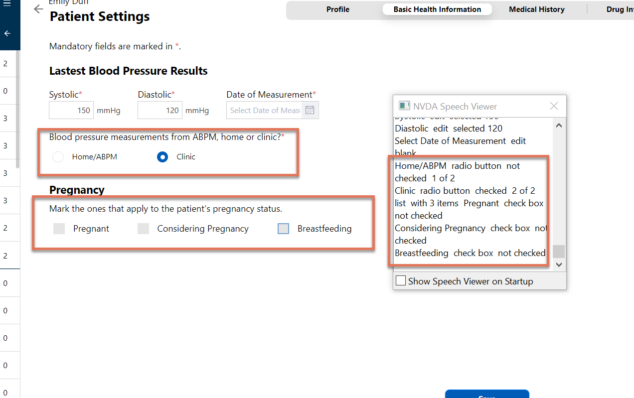 Latest Blood Pressure and pregnancy questions and radio buttons highlighted on the Basic Health Information Patient Settings page