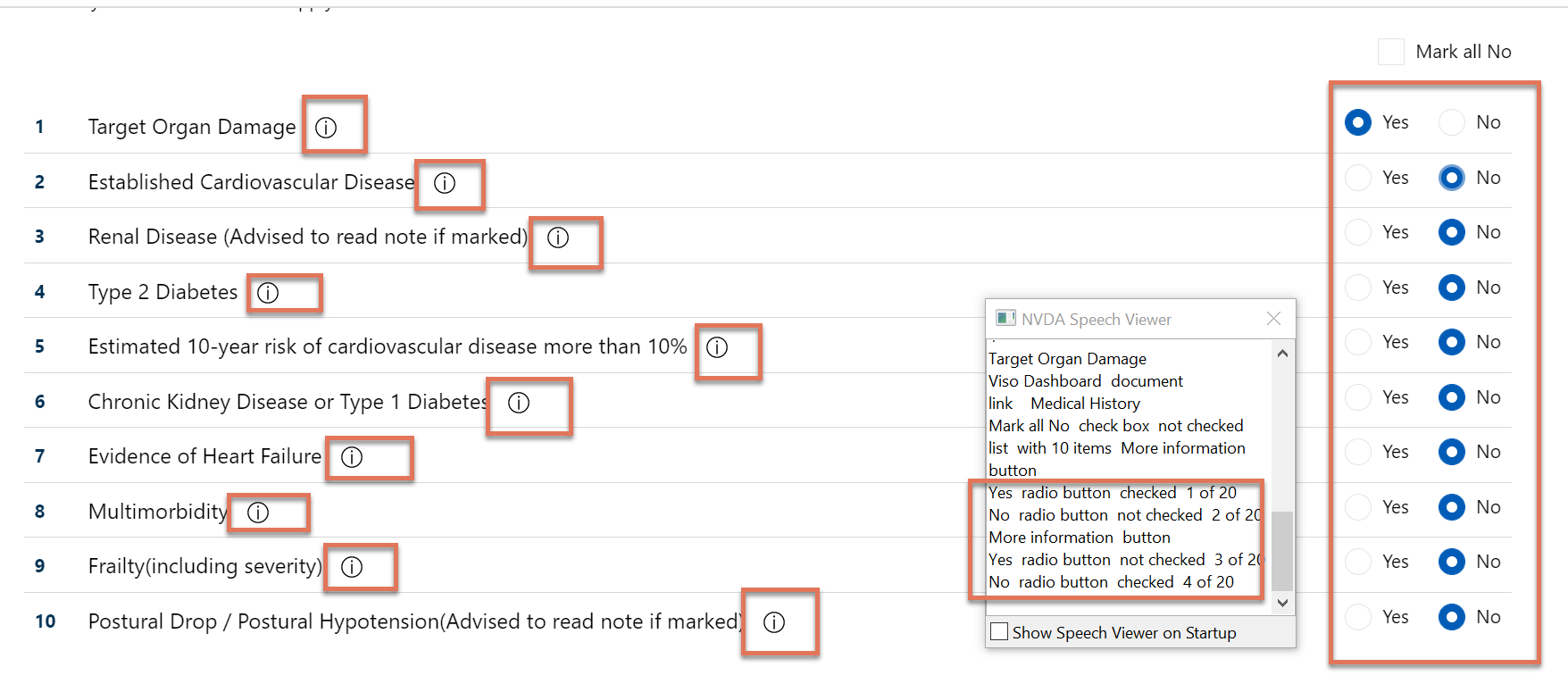 Radio buttons and information links highlighted on the Medical History Patient Settings page