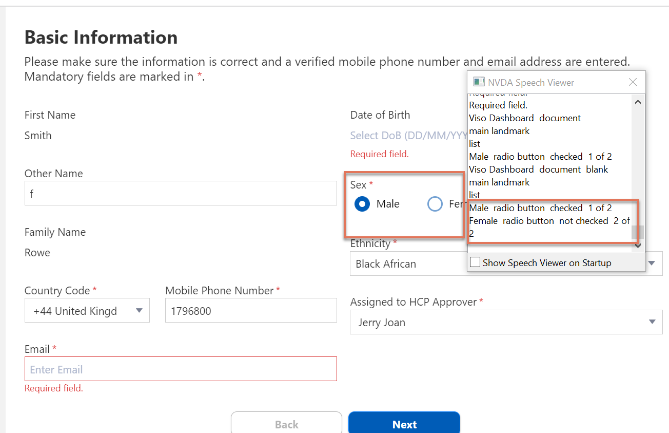 Sex radio buttons highlighted on the Basic Information enrolment page