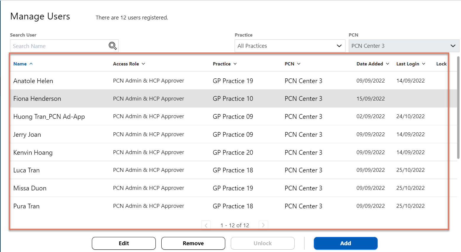 Manage users table highlighted on the manage users page