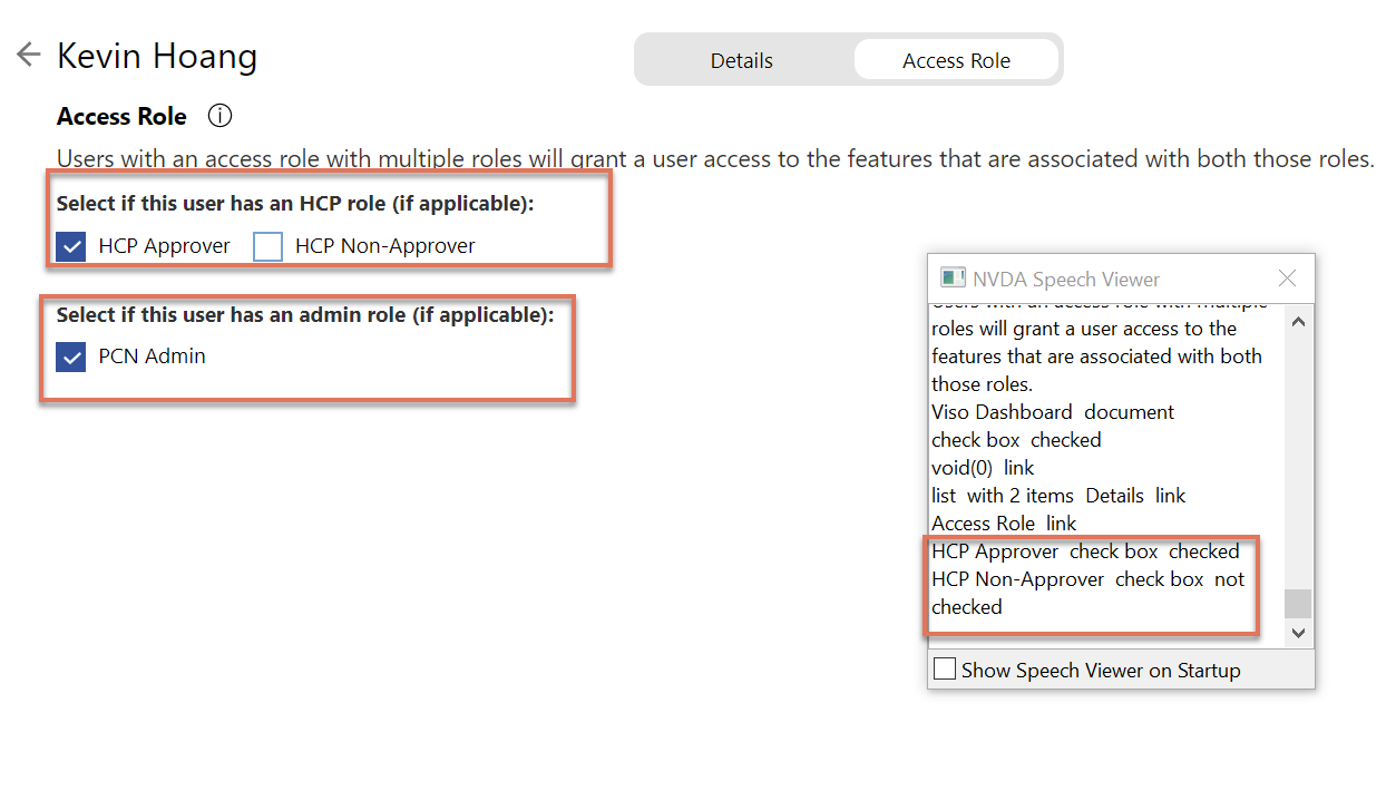 Access role radio buttons highlighted on the Manage Users page