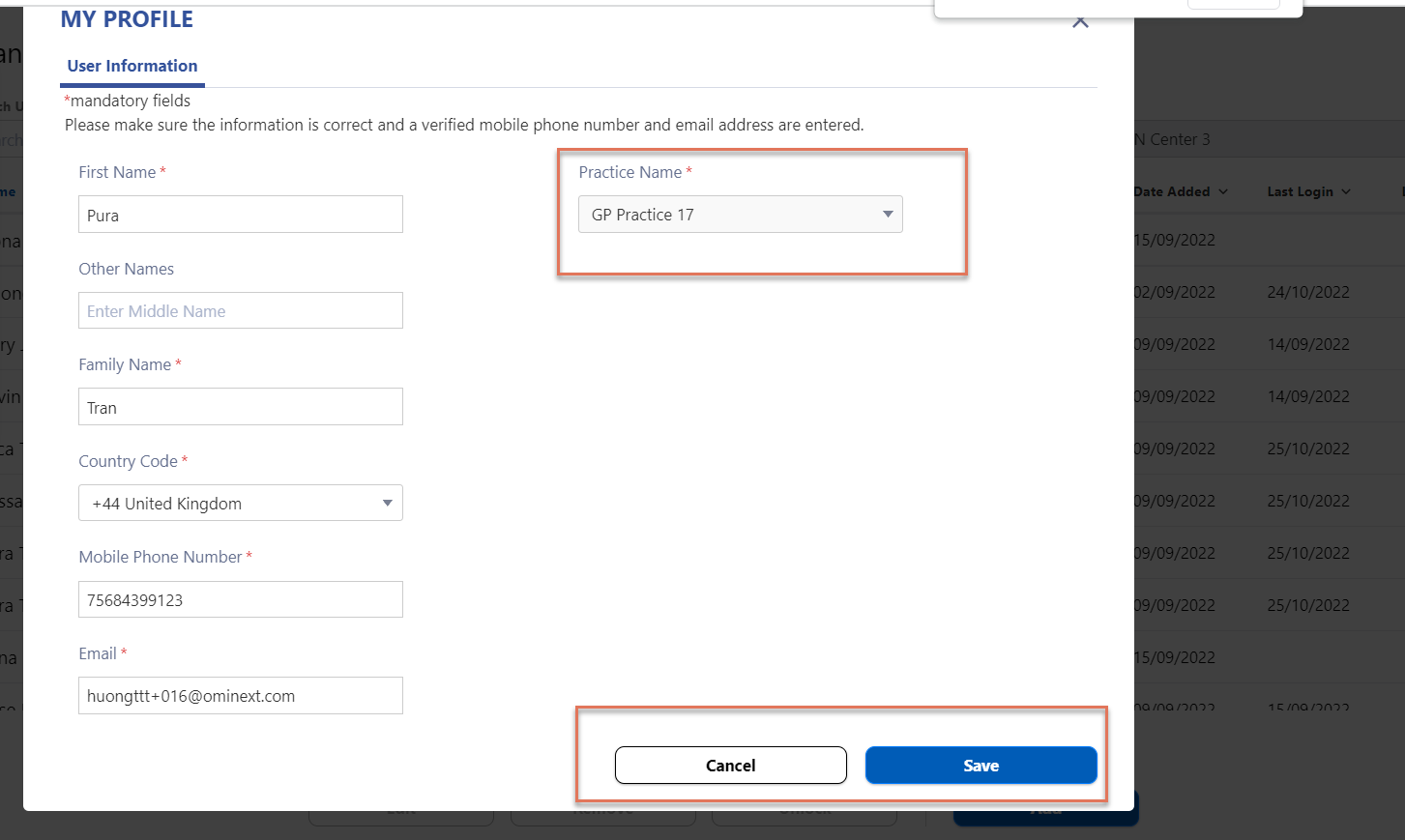 Practice name, cancel and save buttons highlighted within the Settings modal