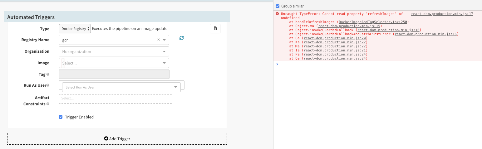Docker registry trigger UI (deck) fails to show organization and images ...