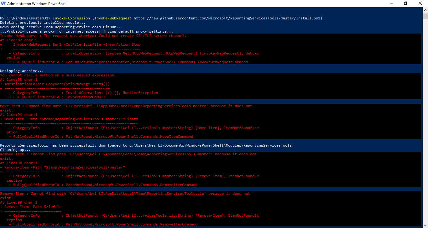 The installation of ReportingServicesTools generates some error message ...