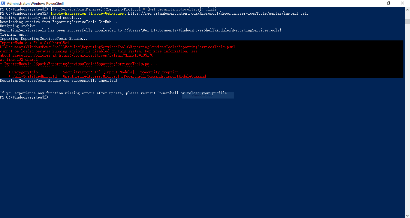 The installation of ReportingServicesTools generates some error message ...