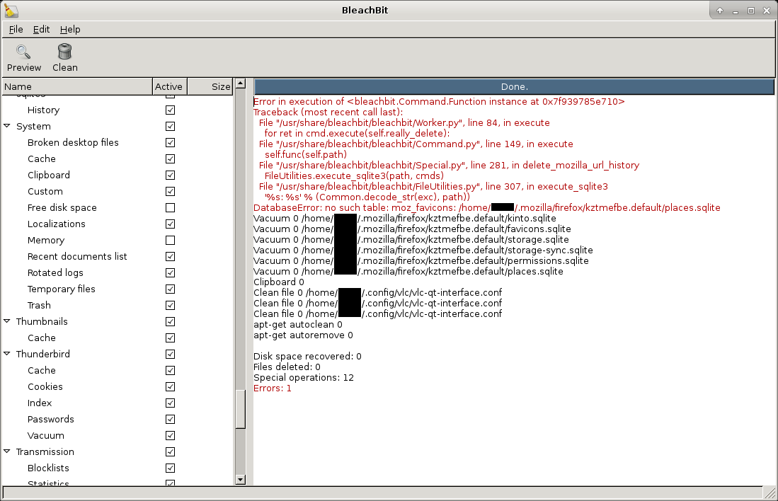 Debian Stretch BleachBit causing error since updating Firefox to 60.0