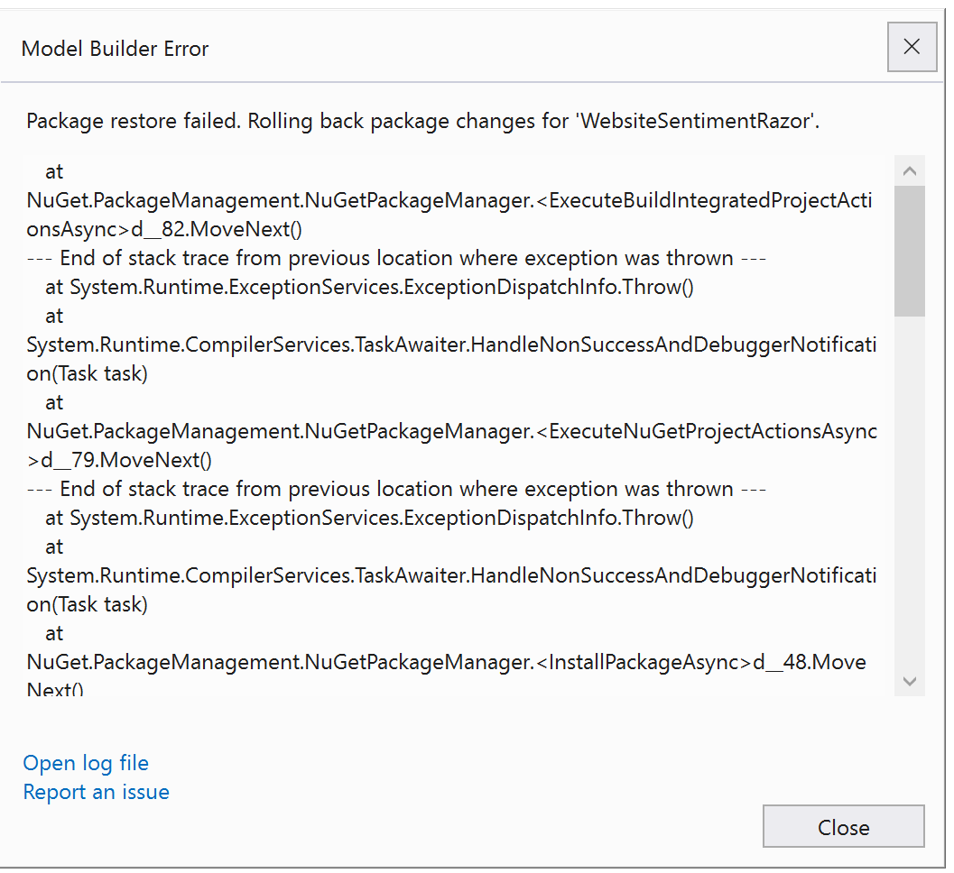 VS2022 always prompts to update package and then throws exception at