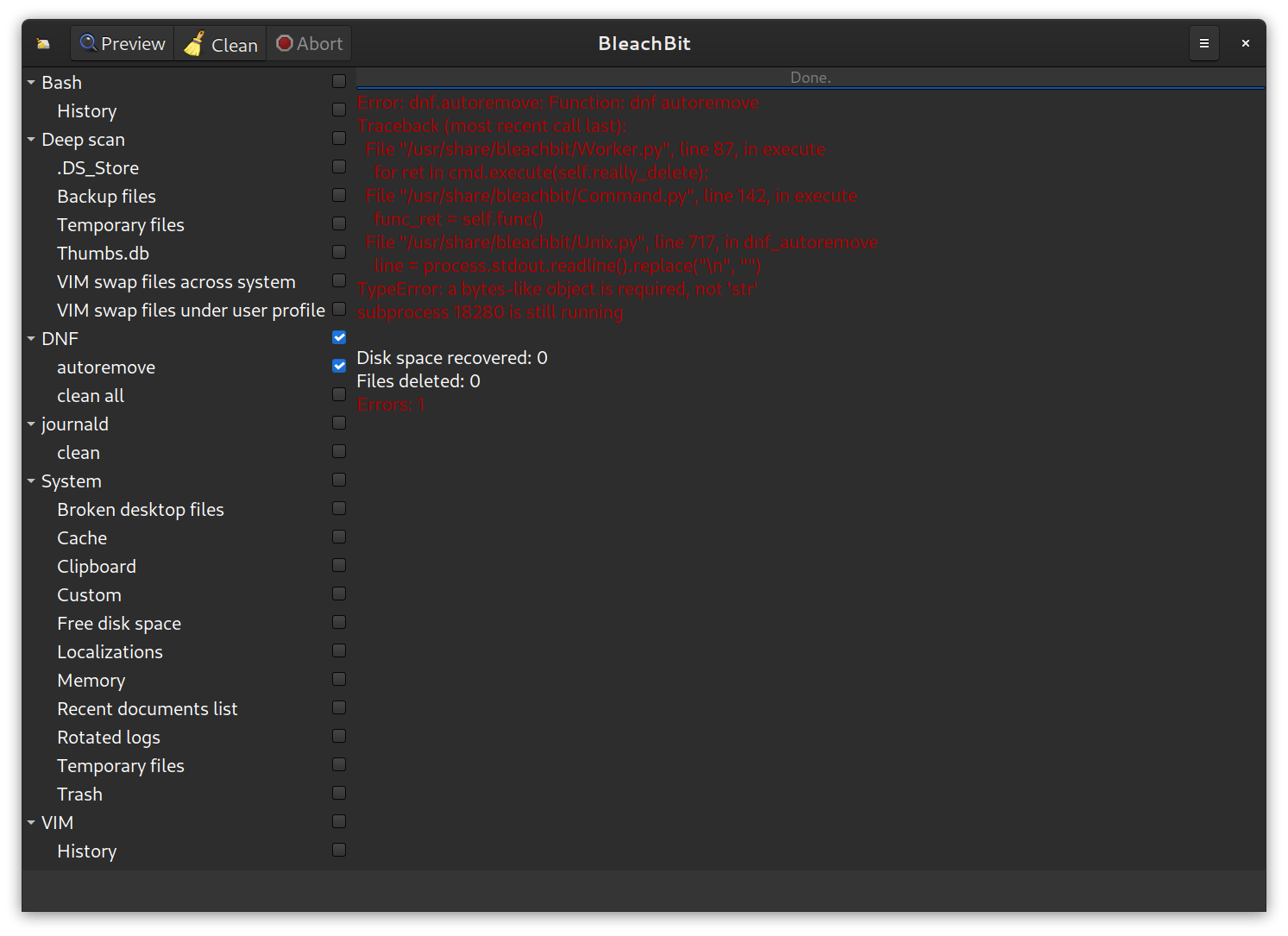 DNF autoremove throws a TypeError · Issue 983 · bleachbit/bleachbit