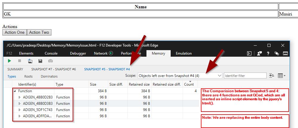 Memory leak issue in .html() with injected inline script elements ...