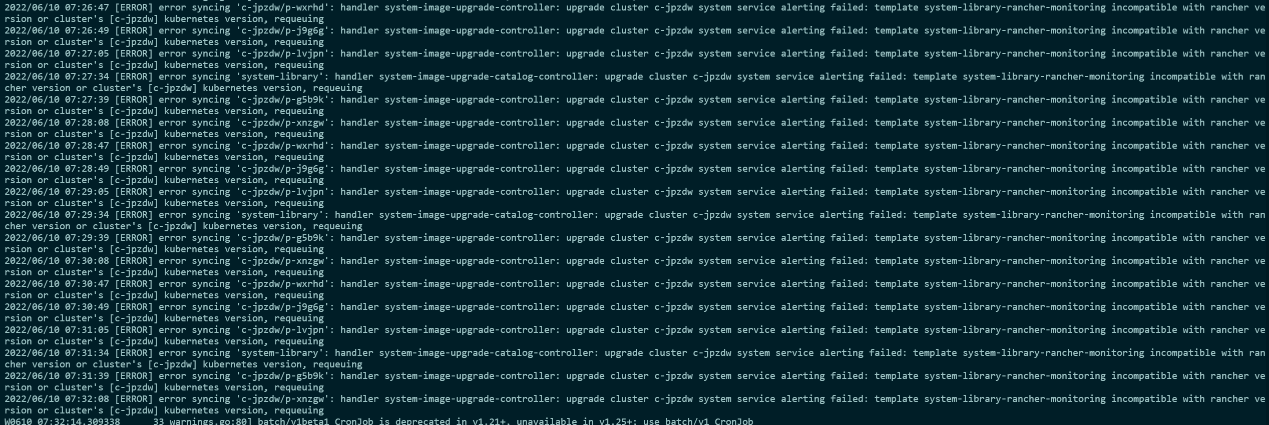 upgrade cluster cjpzdw system service alerting failed template system