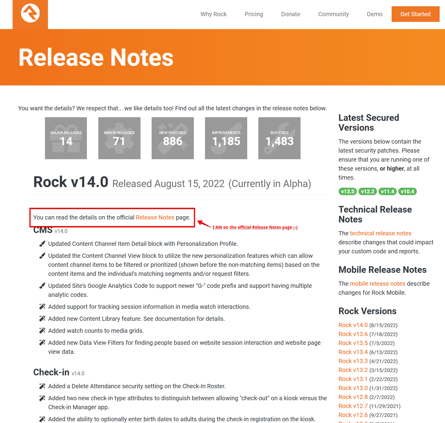 Confusion "Official Release Notes Page" sentence on rockrms.com ...