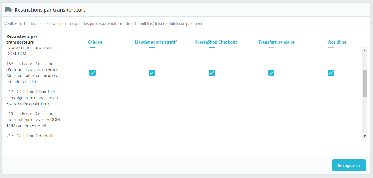 Payments preferences No checkbox in Carrier Restriction Table · Issue