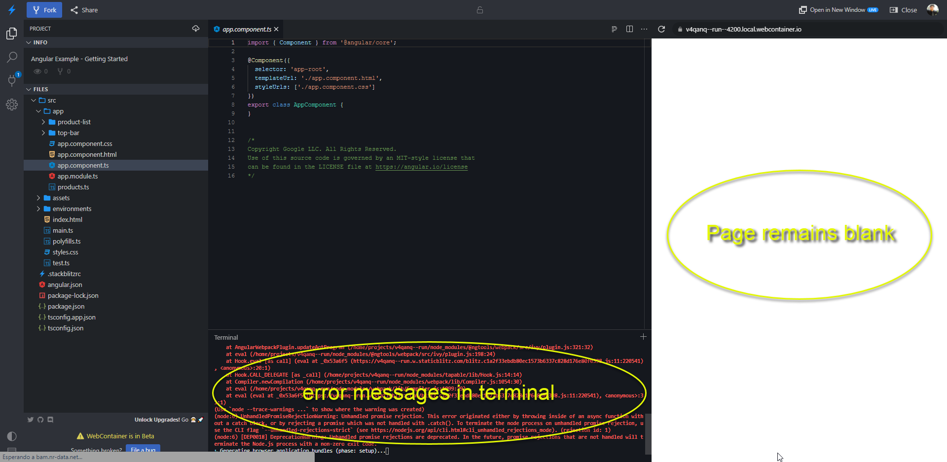 Agular ng serve not working issue 475 stackblitz webcontainer