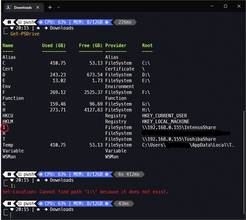Example of trying to access a network drive in PowerShell