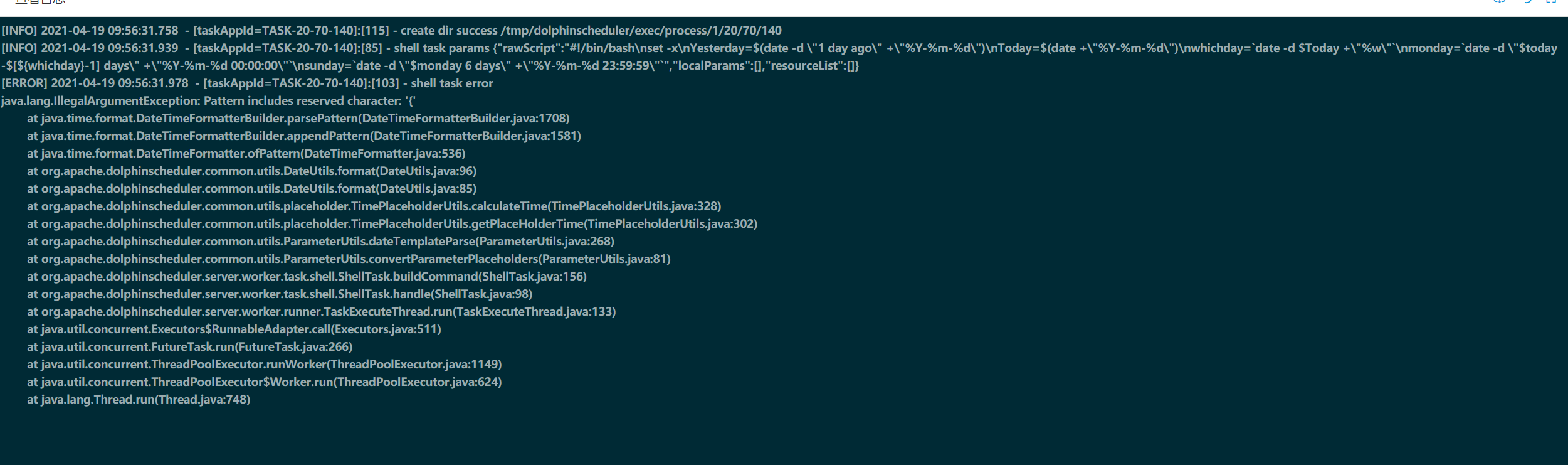 [Bug][worker] when shell task raw script has [{day} 1]，throw java